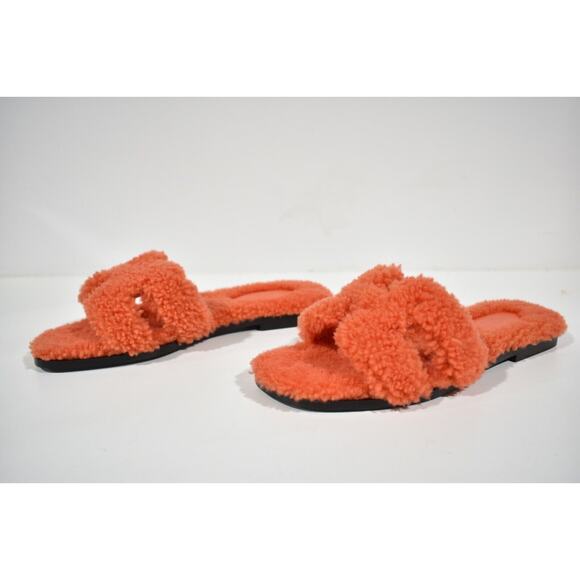 Hermes Oran Teddy Shearling Fur Orange H Logo Slide Sandal Mule Flat Flop 36.5 - Picture 9 of 12